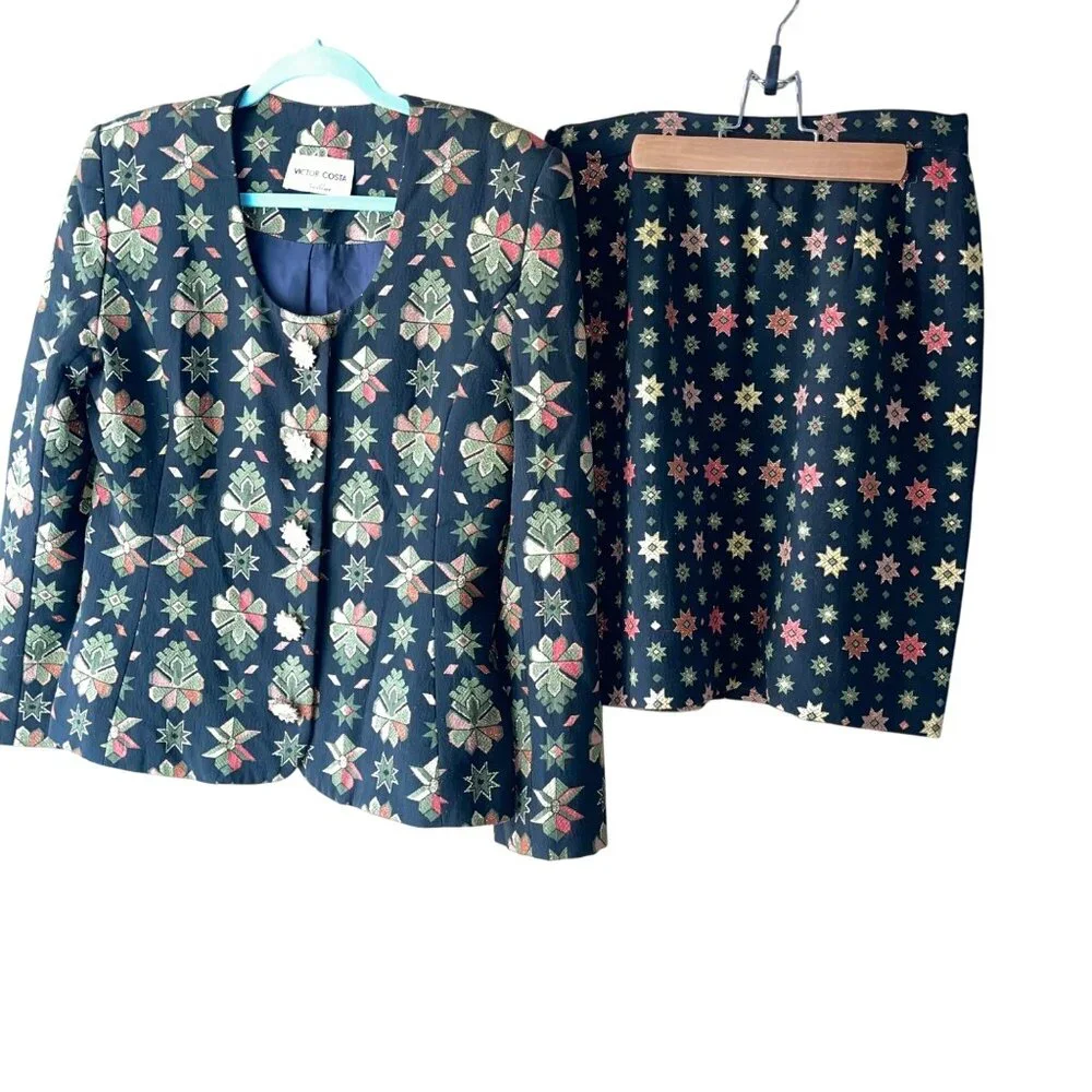 Victor Costa Vintage Womens Skirt Suit Size 10 Multicolor Brocade Star Print - Picture 12 of 16
